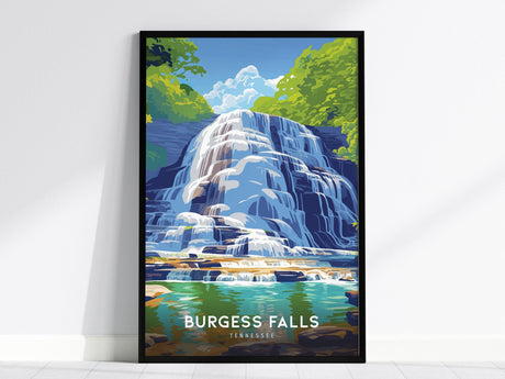 This poster features a stylized illustration of Burgess Falls, with cascading water surrounded by lush greenery and a clear blue sky.