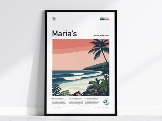 Maria's Surf Spot Framed Poster | Puerto Rico Surfing Wall Art | Rincon Surfer Minimalist Design Travel Print