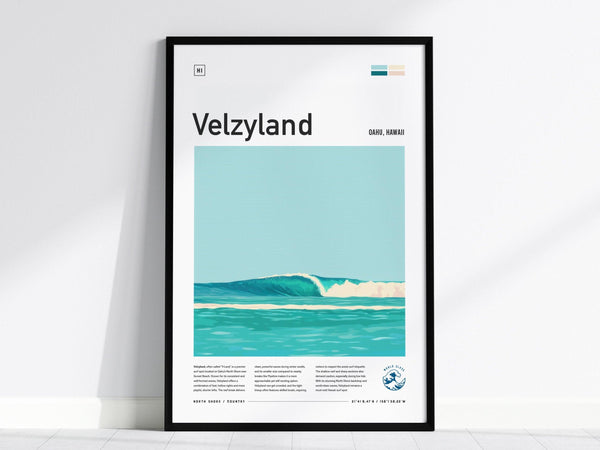 Framed poster featuring a minimalist design of turquoise waves under a clear sky, titled Velzyland with additional text about Oahu, Hawaii. The poster leans against a white wall.