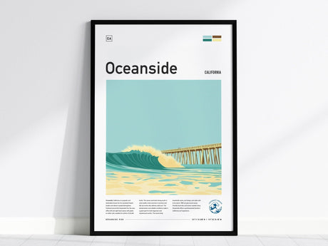 Framed poster featuring a stylized illustration of the Oceanside Pier with crashing waves under a clear blue sky. The design is modern, highlighting the piers long wooden structure.