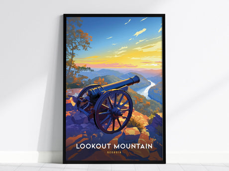 A framed poster depicts a cannon overlooking a vibrant sunset landscape from Lookout Mountain, Georgia, with a winding river and colorful foliage. The text reads Lookout Mountain Georgia.