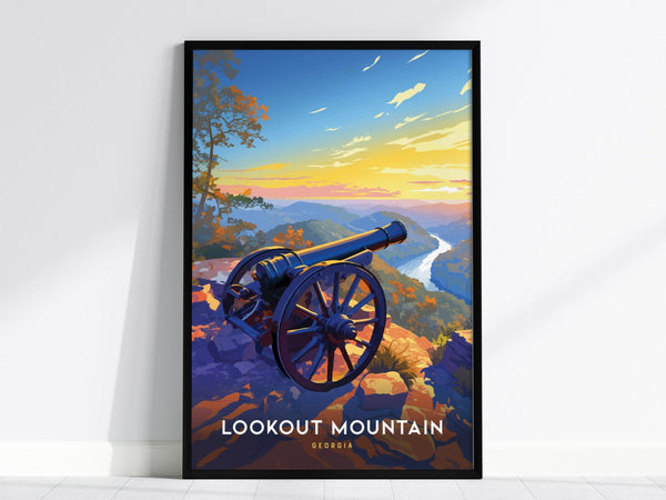 A framed poster depicts a cannon overlooking a vibrant sunset landscape from Lookout Mountain, Georgia, with a winding river and colorful foliage. The text reads Lookout Mountain Georgia.