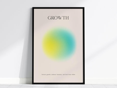 A framed poster with the word GROWTH at the top and a gradient circle in green and yellow. The phrase below reads, Nurture growth, embrace harmony, and heal from within.