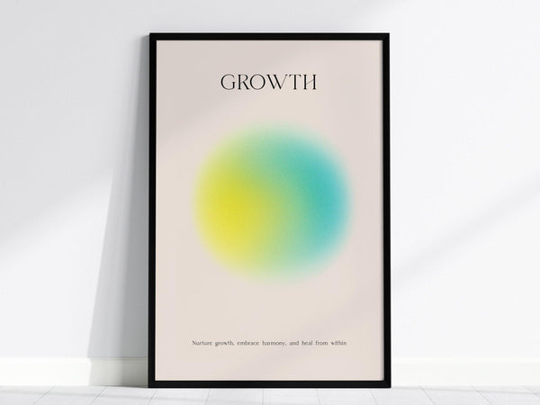 A framed poster with the word GROWTH at the top and a gradient circle in green and yellow. The phrase below reads, Nurture growth, embrace harmony, and heal from within.