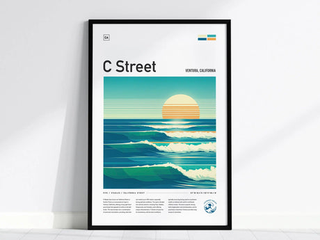 Framed poster featuring a stylized illustration of ocean waves under a setting sun, labeled C Street and Ventura, California. The artwork is displayed against a white wall.