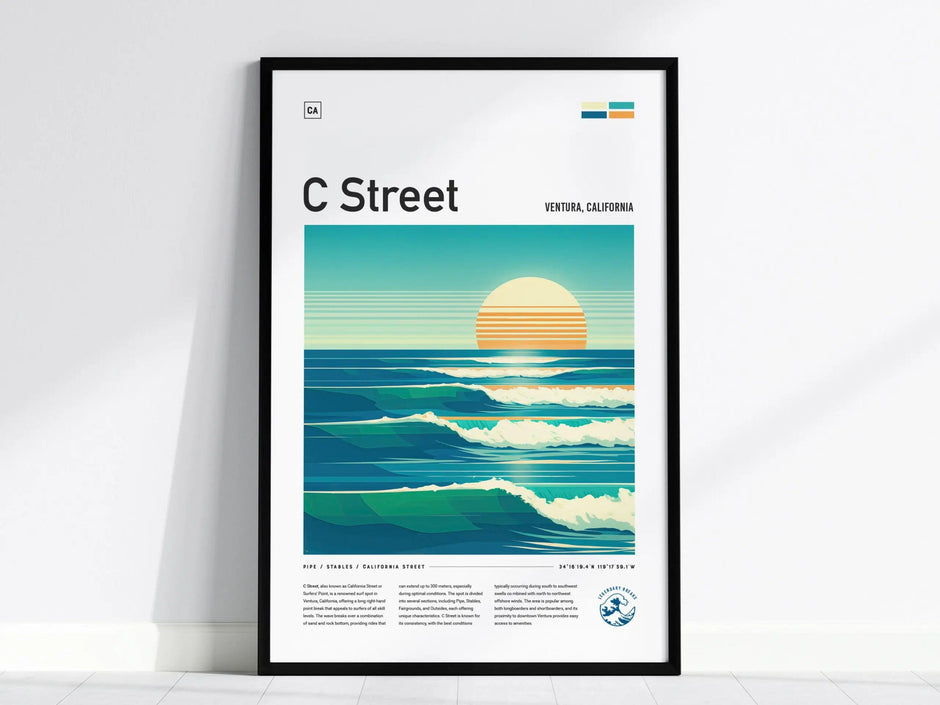 C Street Ventura California Surf Spot Framed Poster | CA Beach Surfing Wave Wall Art | Minimal Design Surfer Travel Print - Swell Scenes