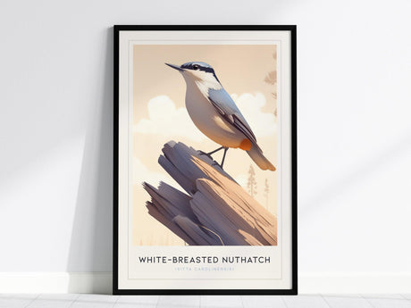 A framed poster of a White-Breasted Nuthatch perched on a rugged branch against a pastel background. The artwork features minimalist design elements and is titled at the bottom.