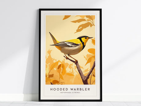 A framed poster of a Hooded Warbler perched on a branch, set against a warm, yellow background with autumn leaves. The bird is depicted with a bright yellow face and.