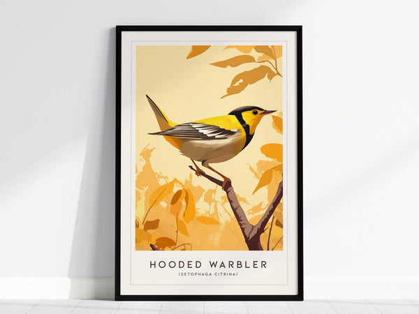 A framed poster of a Hooded Warbler perched on a branch, set against a warm, yellow background with autumn leaves. The bird is depicted with a bright yellow face and.