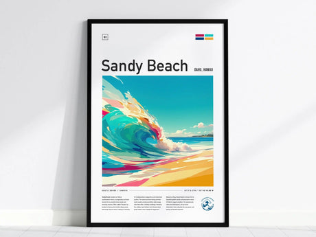 Framed poster of Sandy Beach, Oahu, featuring vibrant, abstract waves in turquoise and warm sunset colors. The artwork captures the dynamic energy of Hawaiis famous surf spot.