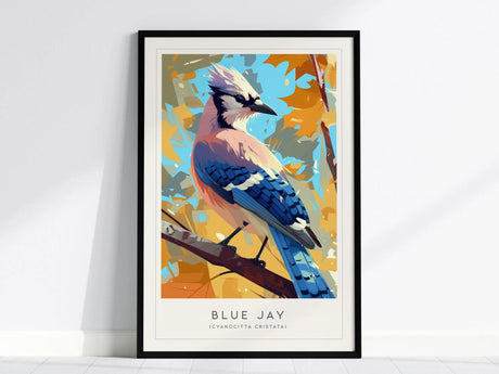 A framed modern art print of a Blue Jay perched on a branch, showcasing vibrant blue, orange, and beige hues against a colorful abstract background.