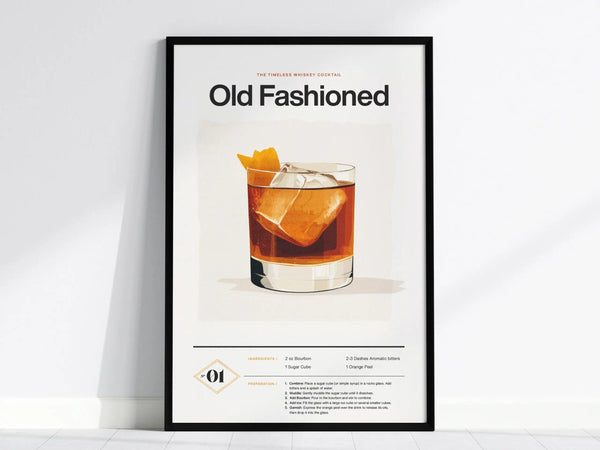 A framed Old Fashioned cocktail poster featuring a glass with an orange peel garnish and ice. The design includes ingredients and preparation steps, set against a minimalist white background.
