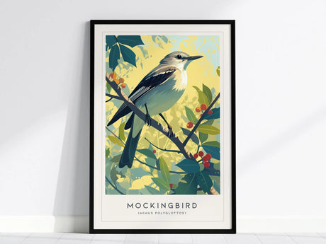 A framed poster of a mockingbird perched on a branch with green leaves and red berries, set against a soft yellow background. The title Mockingbird is displayed below.