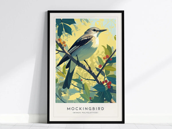 A framed poster of a mockingbird perched on a branch with green leaves and red berries, set against a soft yellow background. The title Mockingbird is displayed below.