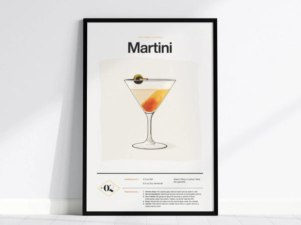 Framed poster featuring a martini illustration with an olive garnish, showcasing a classic dry martini recipe. The poster leans against a white wall on a tiled floor.