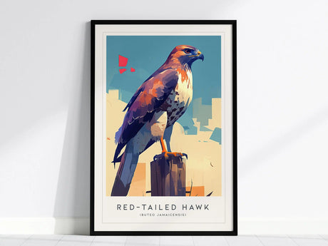 A vibrant poster features a stylized red-tailed hawk perched on a post against a geometric background, with bold colors highlighting its plumage. The title reads Red-Tailed Hawk.