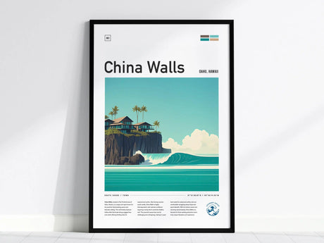 Framed poster depicting China Walls in Oahu, featuring turquoise waves crashing against dark lava rock cliffs, topped with palm trees and coastal homes under a clear sky.
