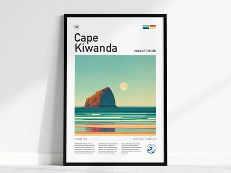 A framed poster of Cape Kiwanda displays a stylized image of Haystack Rock, ocean waves, and a setting sun. The design features a minimalist aesthetic with calming colors.