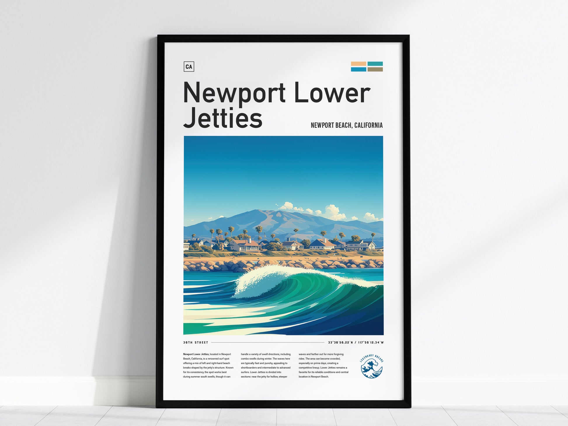 Framed poster of Newport Lower Jetties featuring a vibrant beach scene with waves, palm trees, and distant mountains under a clear blue sky. Text includes Newport Beach, California.