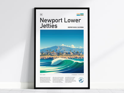 Framed poster of Newport Lower Jetties featuring a vibrant beach scene with waves, palm trees, and distant mountains under a clear blue sky. Text includes Newport Beach, California.