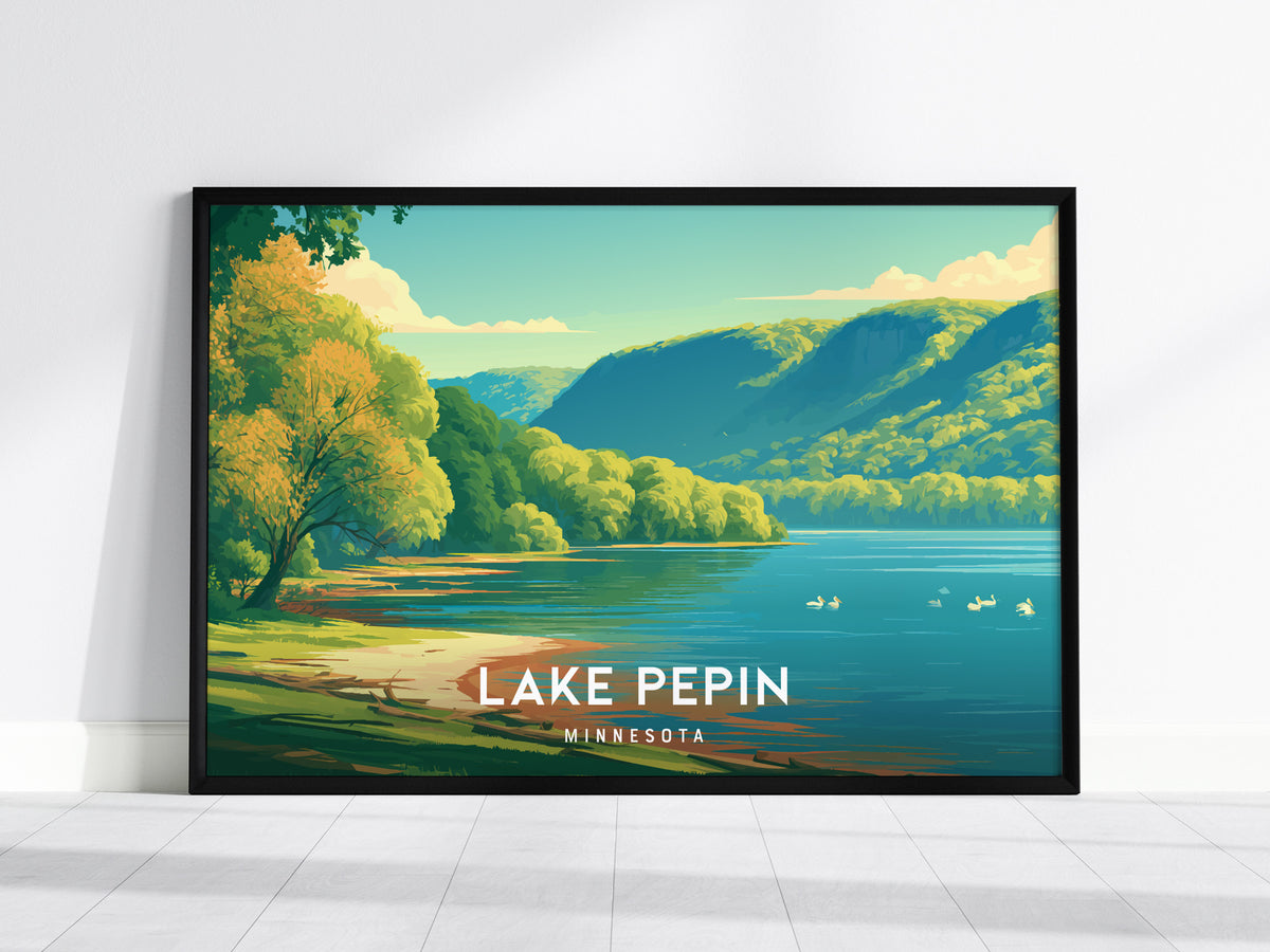 Lake Pepin, Minnesota Landscape Poster | Scenic Bluffs & Sailboats Vacation Wall Art — framed wall art, 24x36 in