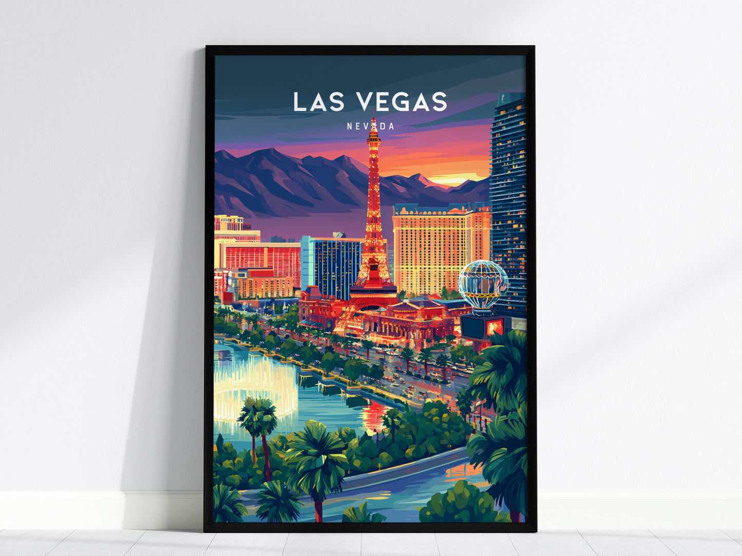 Las Vegas, Nevada Poster | Neon Lights & Desert Skyline Wall Art — framed wall art, 24x36 in
