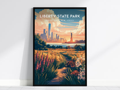 Liberty State Park, Jersey City, New Jersey Poster | Skyline & Harbor Travel Wall Art — framed wall art, 24x36 in