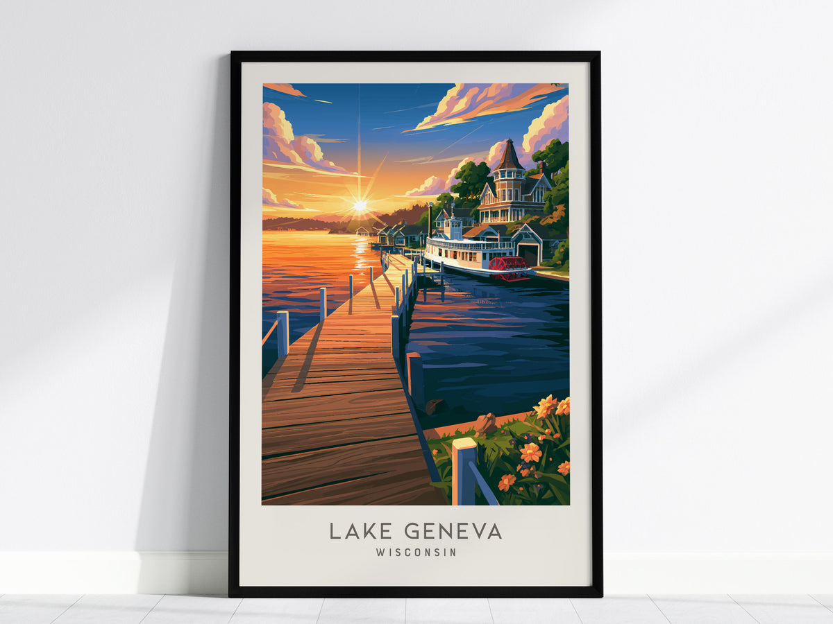Lake Geneva Matte Border Poster | Wisconsin Travel Wall Art — framed wall art, 24x36 in