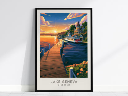 Lake Geneva Matte Border Poster | Wisconsin Travel Wall Art — framed wall art, 24x36 in