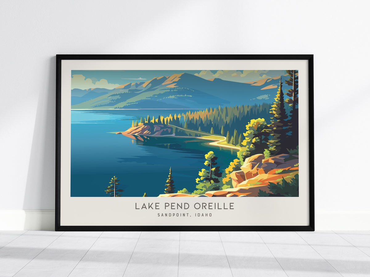 Lake Pend Oreille Landscape Matte Border Poster | Sandpoint, Idaho Framed or Unframed Travel Gift — framed wall art, 24x36 in
