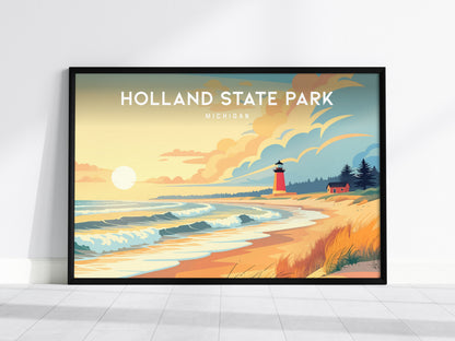 Holland State Park Landscape, Michigan Poster | Big Red Lighthouse Destination Print Wall Art — framed wall art, 24x36 in