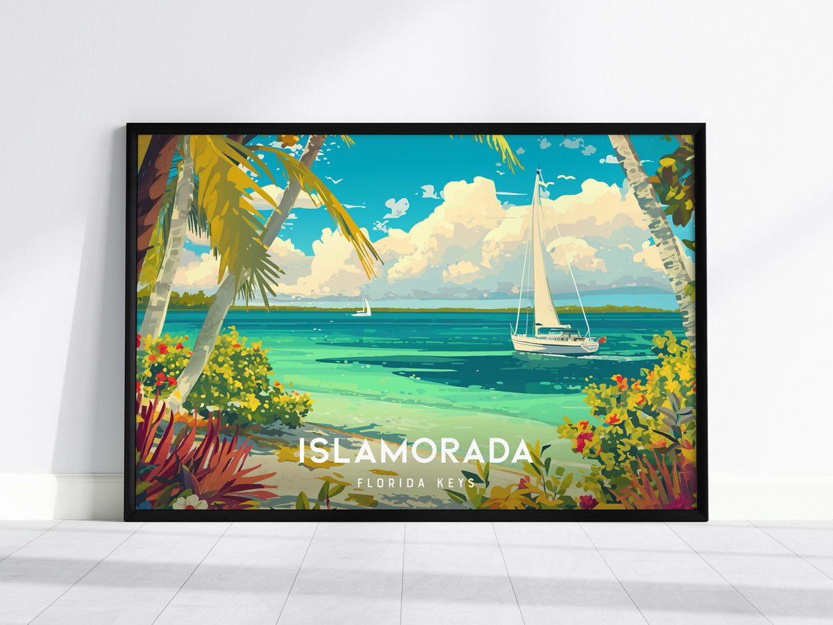 Islamorada, Florida Keys Poster | Landscape Coastal Decor Tiki & Palms Wall Art — framed wall art, 24x36 in
