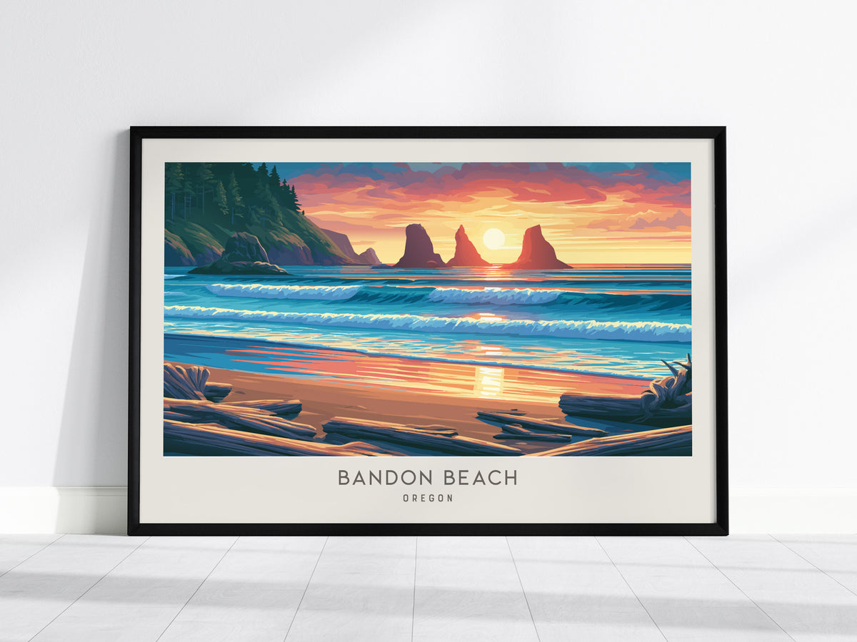 Bandon Beach Landscape Matte Border Poster | Oregon Destination Print Travel Gift — framed wall art, 24x36 in
