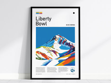 Framed poster featuring a colorful, stylized depiction of a snow-covered mountain peak labeled Liberty Bowl, Big Sky, Montana. The design includes vibrant hues against a blue sky.