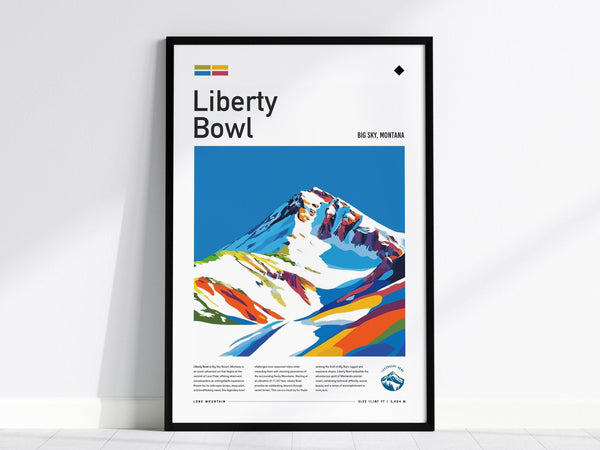 Framed poster featuring a colorful, stylized depiction of a snow-covered mountain peak labeled Liberty Bowl, Big Sky, Montana. The design includes vibrant hues against a blue sky.