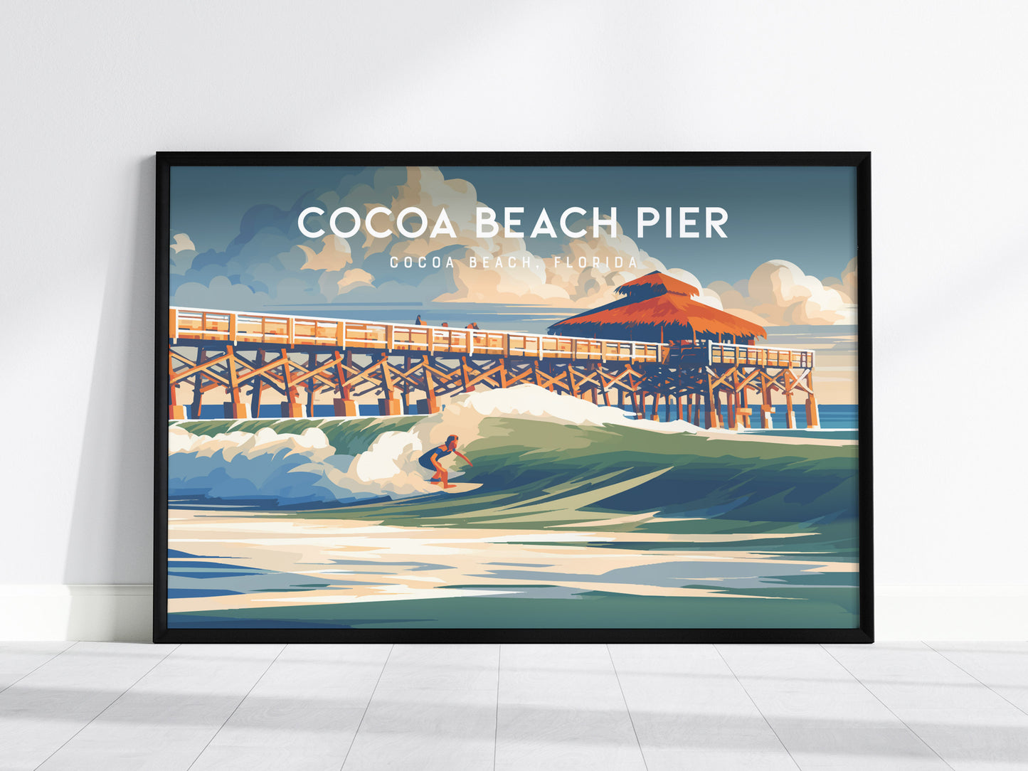Cocoa Beach Pier Landscape Poster | Cocoa Beach, Florida Travel Wall Art — framed wall art, 24x36 in