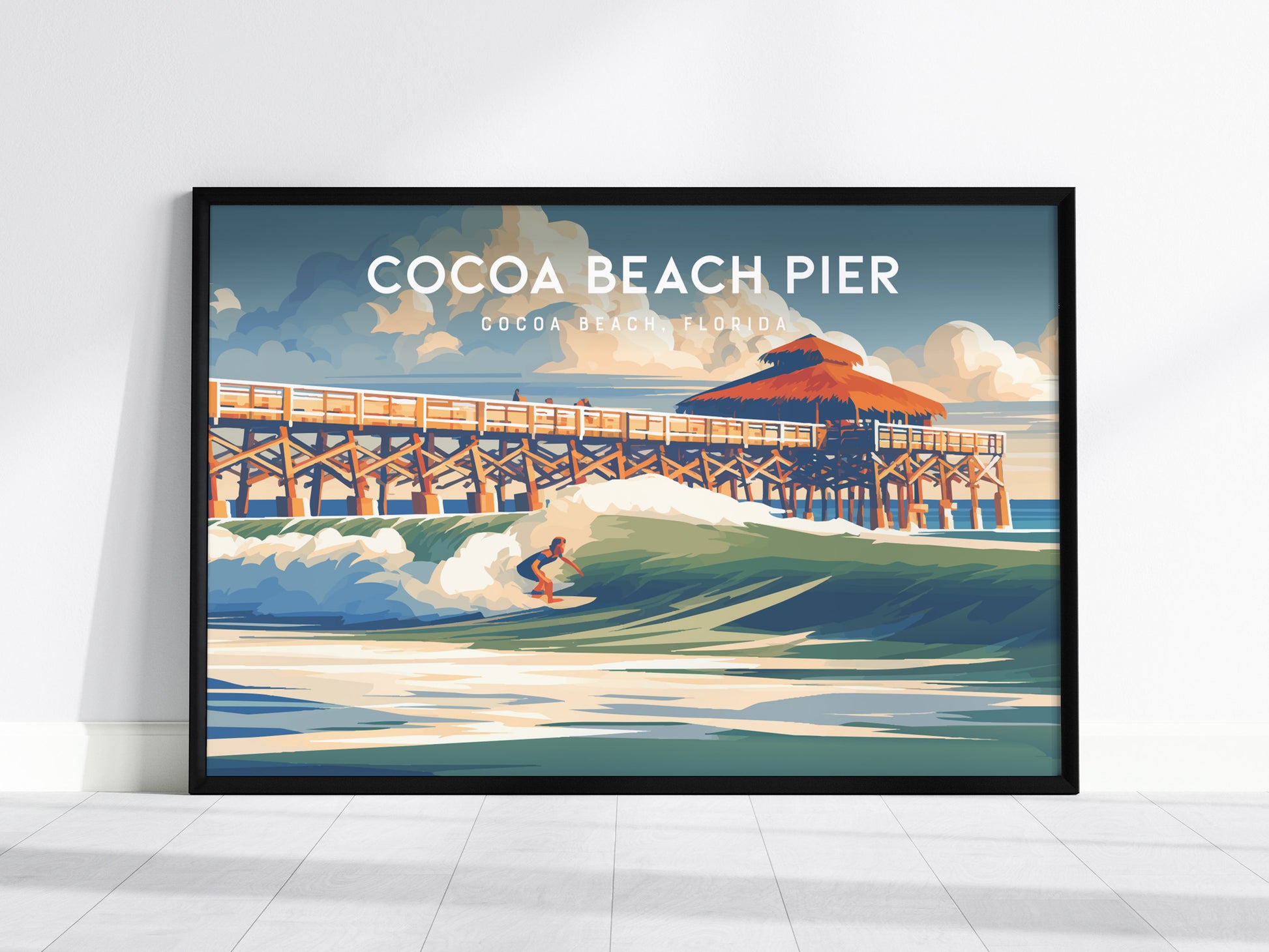 Cocoa Beach Pier Landscape Poster | Cocoa Beach, Florida Travel Wall Art — framed wall art, 24x36 in