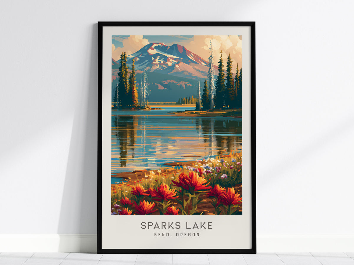Sparks Lake Matte Border Poster | Bend, Oregon Destination Print Travel Wall Art — framed wall art, 24x36 in