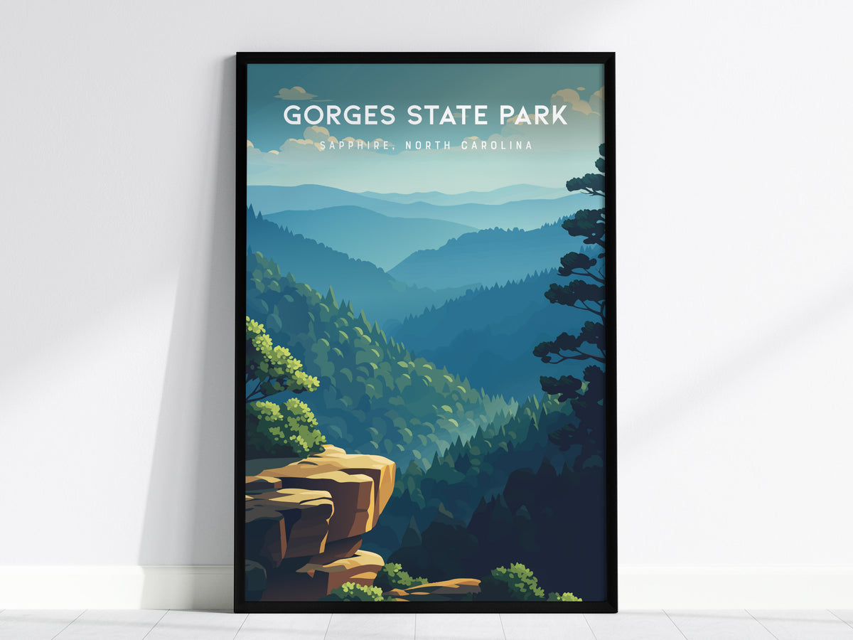 Gorges State Park, Sapphire, North Carolina Poster | Waterfall & Mountain Forest Travel Wall Art — framed wall art, 24x36 in