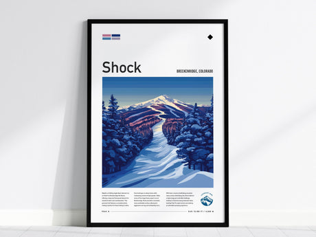 Framed poster featuring a snowy ski run through evergreen trees with a mountain backdrop, titled Shock Breckenridge, Colorado. The design includes twilight tones and a black diamond symbol.