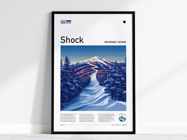 Framed poster featuring a snowy ski run through evergreen trees with a mountain backdrop, titled Shock Breckenridge, Colorado. The design includes twilight tones and a black diamond symbol.