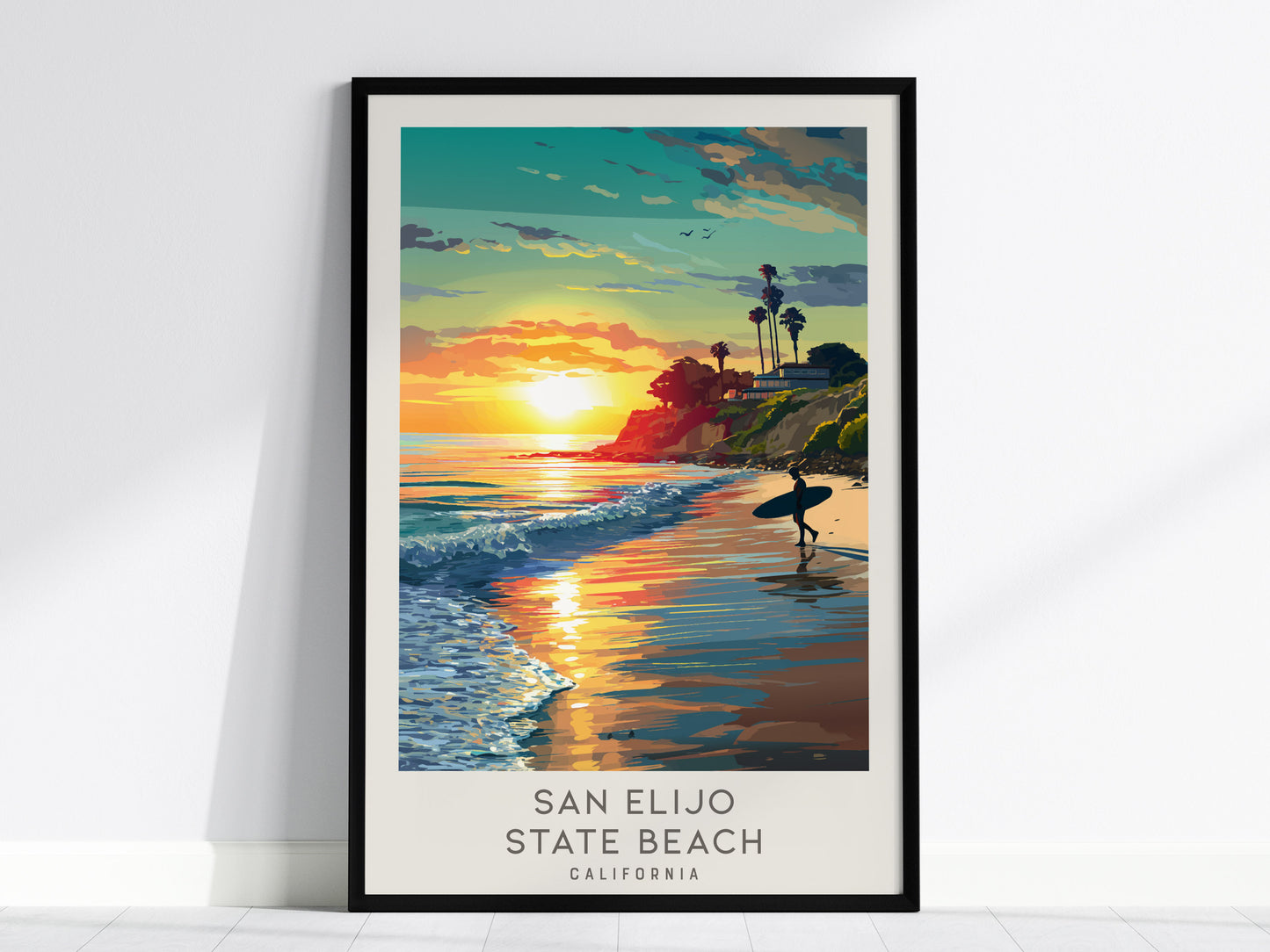 San Elijo State Beach Matte Border Poster | California Travel Wall Art — framed wall art, 24x36 in
