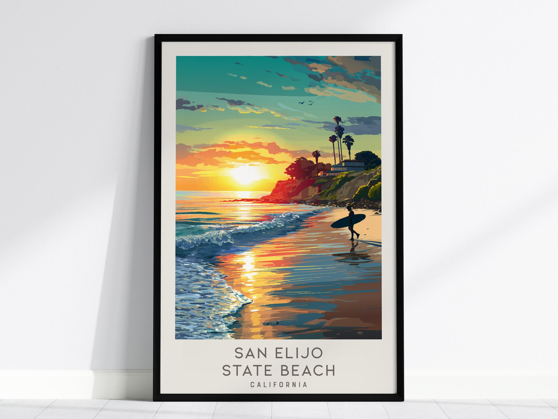 San Elijo State Beach Matte Border Poster | California Travel Wall Art — framed wall art, 24x36 in