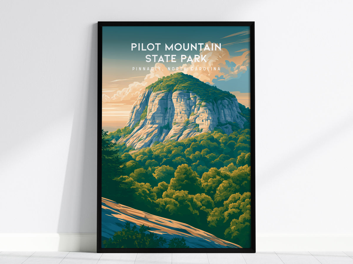 Pilot Mountain State Park, Pinnacle, North Carolina Poster | Rugged Peak & Forest Travel Wall Art — framed wall art, 24x36 in