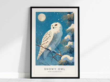 A framed poster features a snowy owl perched on a snow-covered branch, set against a starry blue sky with a full moon, surrounded by pine trees.