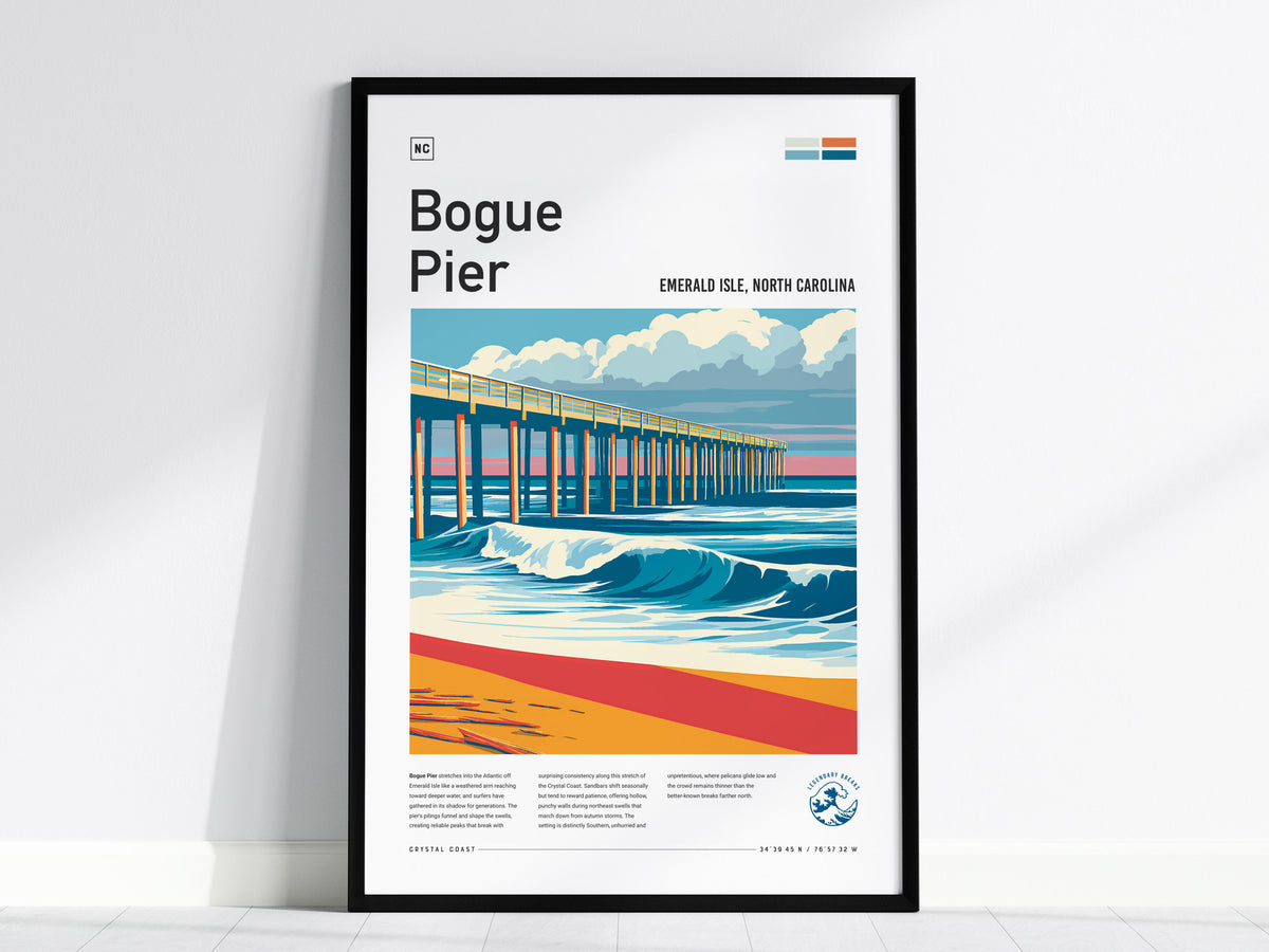 Bogue Pier, Emerald Isle, North Carolina Poster | Surf Wall Art & Beach House Decor — framed wall art, 24x36 in