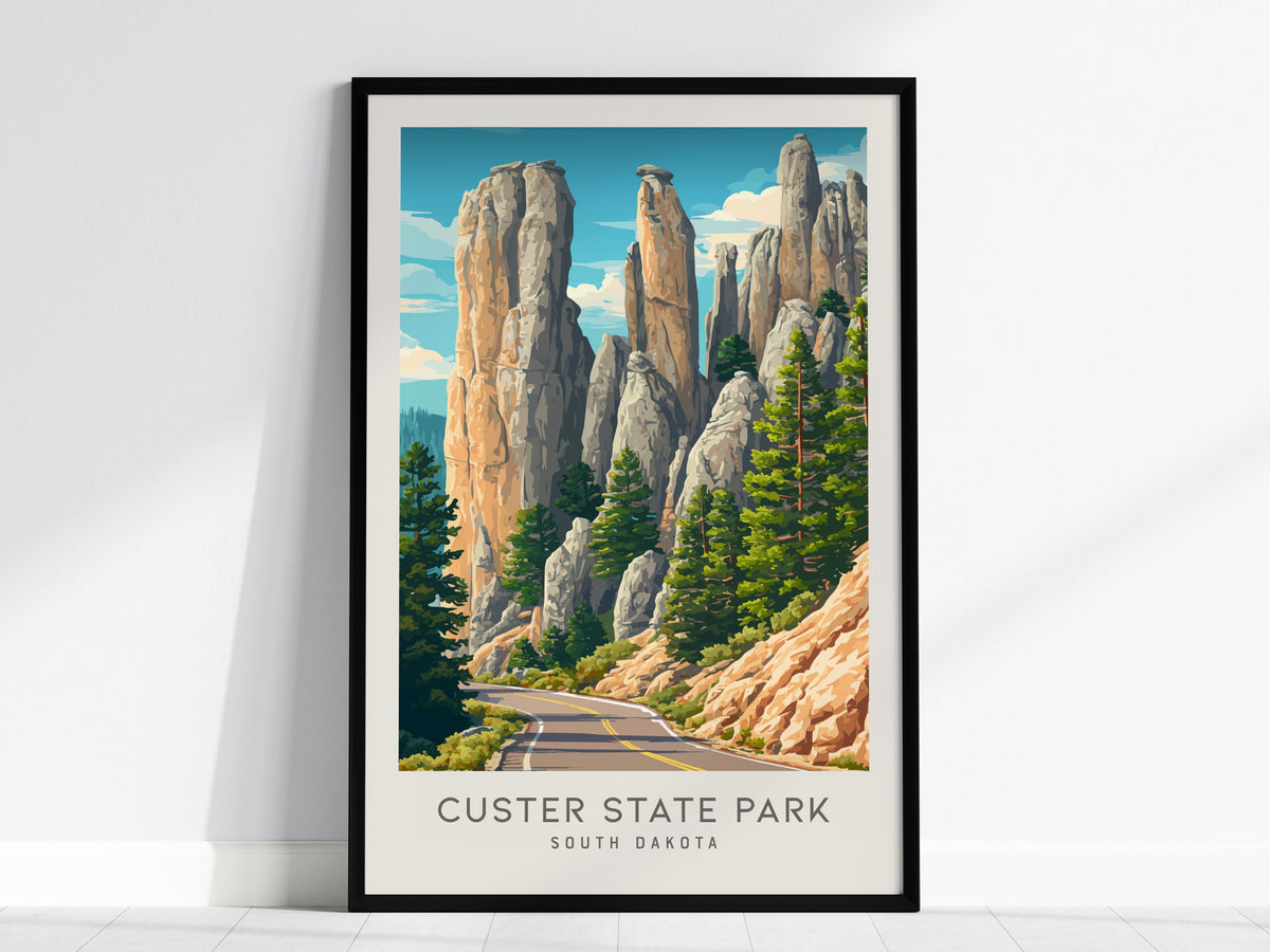 Custer State Park Matte Border Poster | South Dakota Travel Gift Vacation Wall Art — framed wall art, 24x36 in