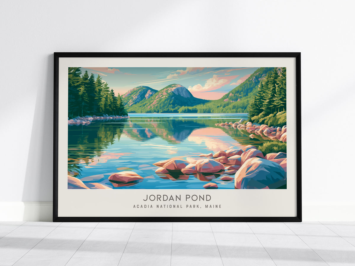 Jordan Pond Landscape Matte Border Poster | Acadia National Park, Maine Travel Wall Art — framed wall art, 24x36 in