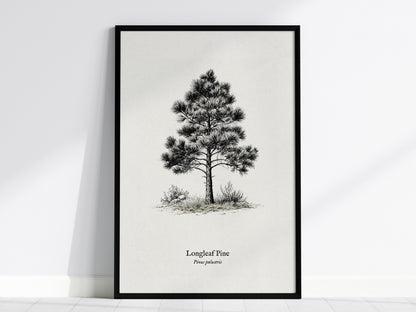 Longleaf Pine Poster | Pinus palustris Pen and Ink Print | Vintage Botanical Illustration Wall Art — framed wall art, 24x36 i