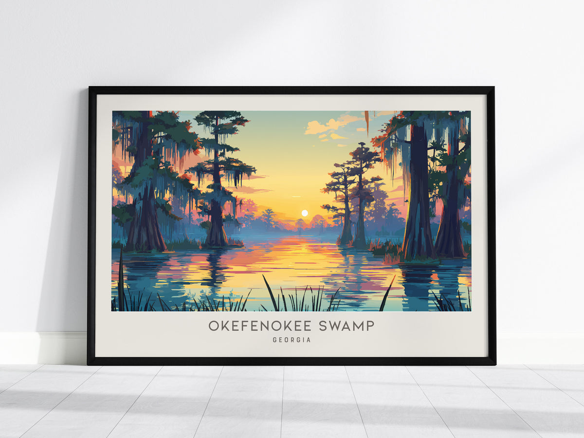 Okefenokee Swamp Landscape Matte Border Poster | Georgia Destination Print Travel Wall Art — framed wall art, 24x36 in
